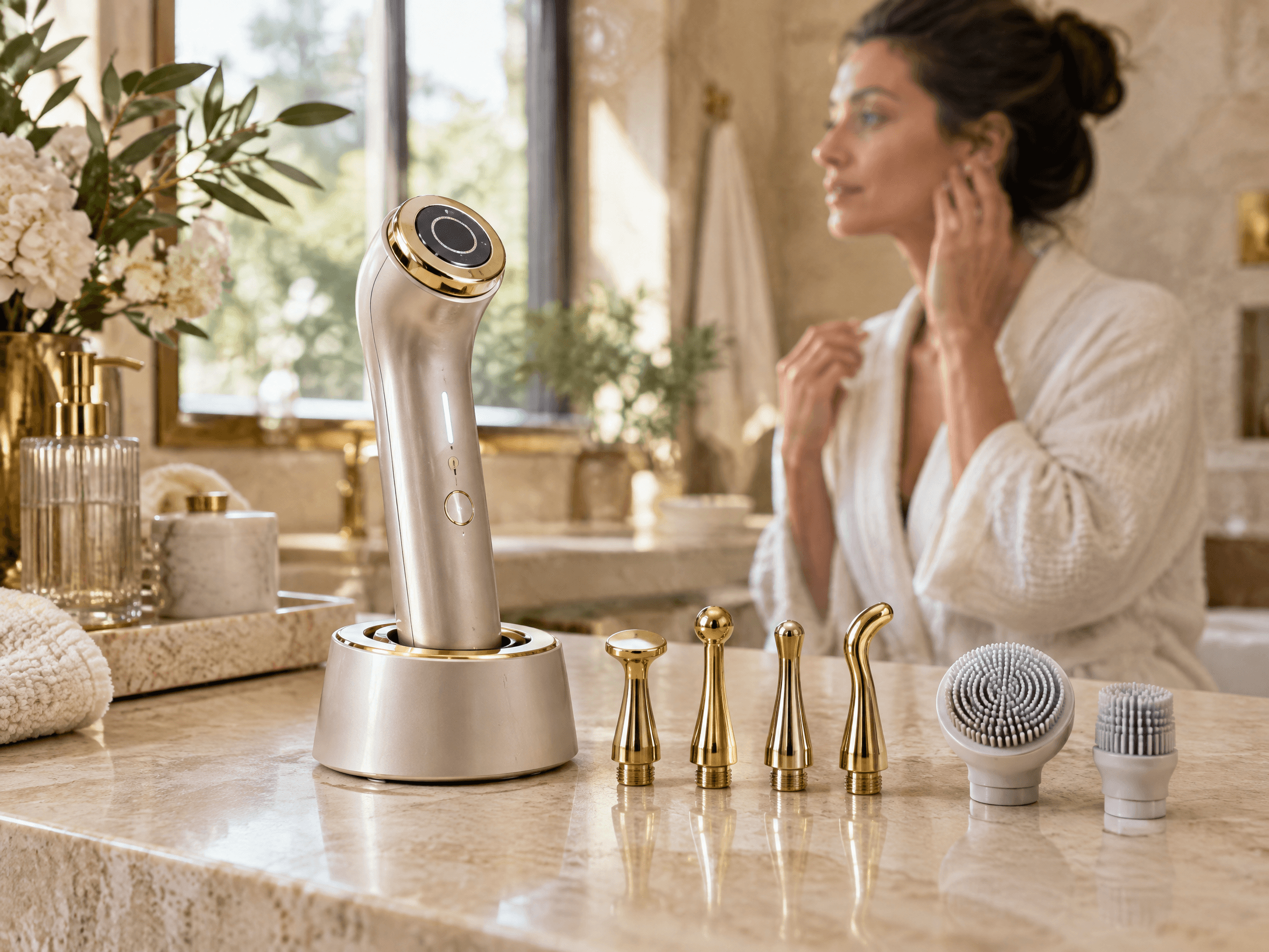 Modular beauty accessories and charging dock on a premium vanity